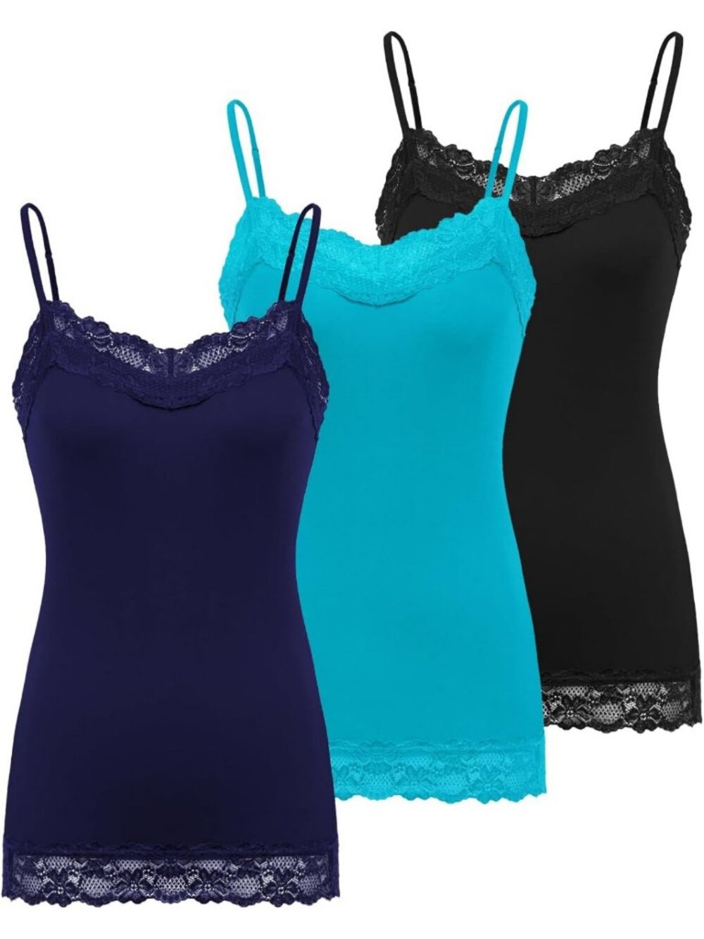 Adjustable Spaghetti Strap Lace Trim Cami Tunic Tank Top - 3 Pack Set, Versatile